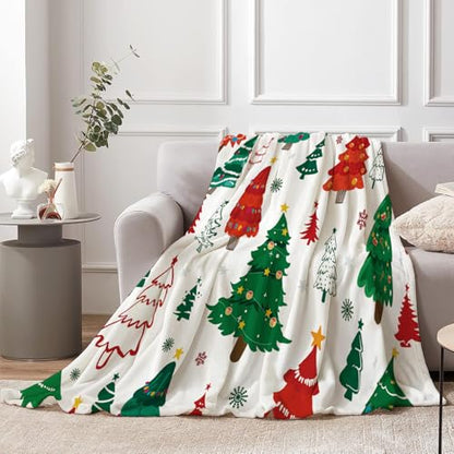 Christmas Trees Blanket - Red Green Winter Holiday Throw Blanket 50x60 Inches - Cozy Flannel