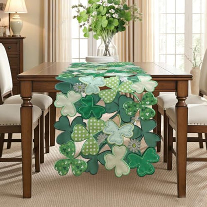 St Patrick's Day Table Runner 13x90 Inch Green Shamrocks Embroidered Clover Decor