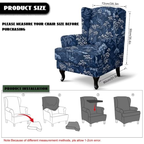 Blue Flower Leaves Wild Botanical Wingback Chair Slipcover 2-Piece Washable Furniture Protector