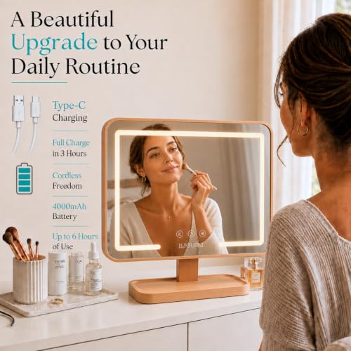 Solid Wood Vanity Mirror with Lights and Storage Tray - Rechargeable