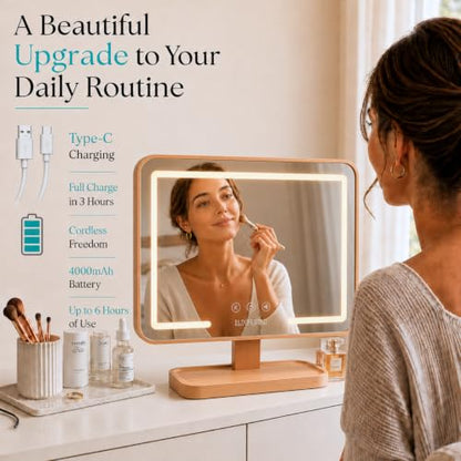 Solid Wood Vanity Mirror with Lights and Storage Tray - Rechargeable