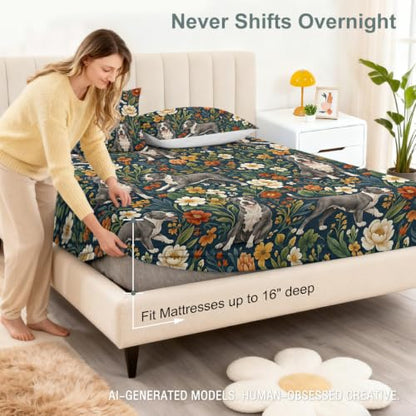 Twin Fitted Bed Sheet Set - Pit Bull Rustic Petals with Flower Pittie Variation