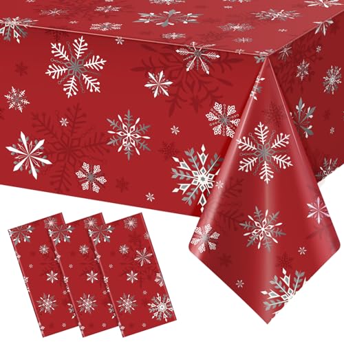 Red Snowflake Christmas Tablecloths - Pack of 3, 54 x 108 Inches, Disposable Holiday Decor