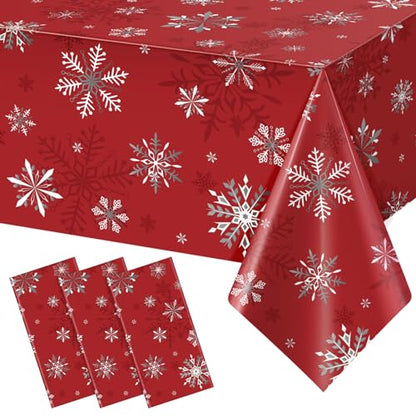 Red Snowflake Christmas Tablecloths - Pack of 3, 54 x 108 Inches, Disposable Holiday Decor