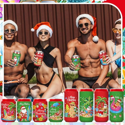 Christmas in July Can Coolers 24 Pack - Tropical Hawaiian Beer Sleeve Set with 2 Sizes