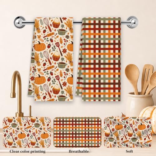 Fall Baking Kitchen Towels Set of 2 - Pumpkin Plaid Dish Towels - Pumpkin Baking Variation