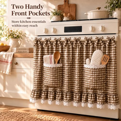 Farmhouse Tie Top Oven Skirt Curtain with Pockets - Brown