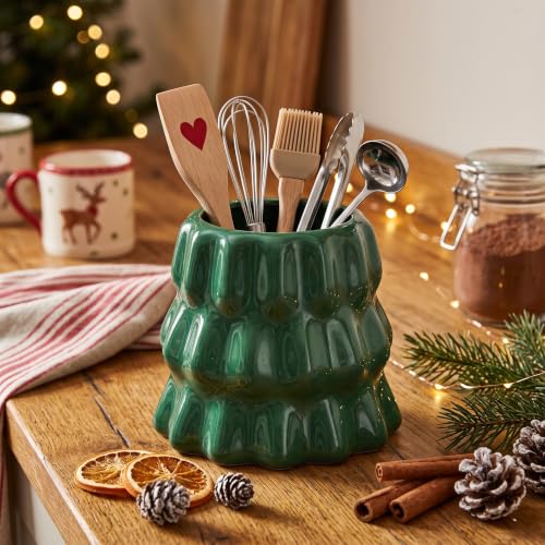 Green Ceramic Christmas Tree Utensil Holder - Kitchen Organizer, Holiday Decor