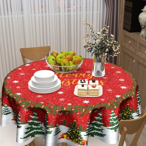 Kawani Christmas Red Tablecloth 60 Inch Round Snowflake & Tree Design - Holiday Kitchen Decor