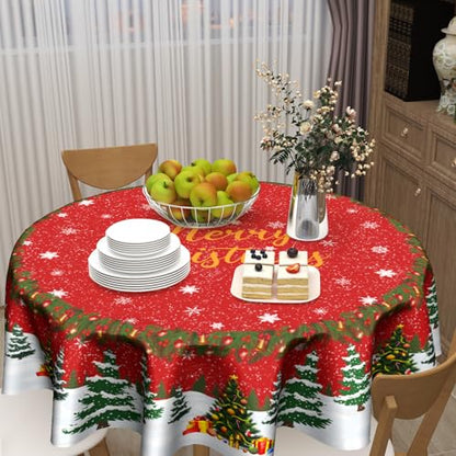 Kawani Christmas Red Tablecloth 60 Inch Round Snowflake & Tree Design - Holiday Kitchen Decor
