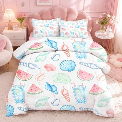 Girls Watercolor Seashell Watermelon Comforter Set Twin - Summer Vibe