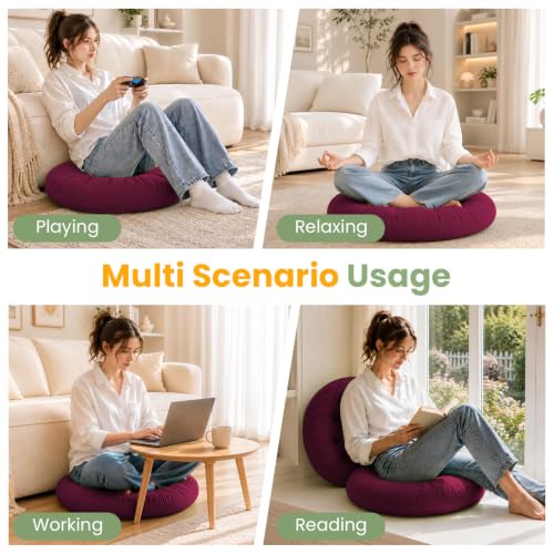 Large 20 Inch Round Floor Pillow Set of 2 - Wine Red Tufted Corduroy Meditation Cushions for Floor Seating and Relaxation