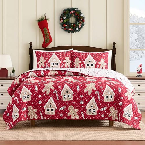 Christmas Full Queen Quilt Set with Pillowcases - Holiday Gingerbread Design