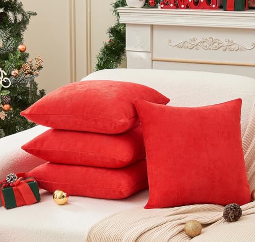22x22 Inch Red Chenille Throw Pillow Covers Pack of 4 - Christmas Decorative Cushions