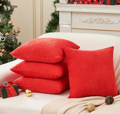 22x22 Inch Red Chenille Throw Pillow Covers Pack of 4 - Christmas Decorative Cushions