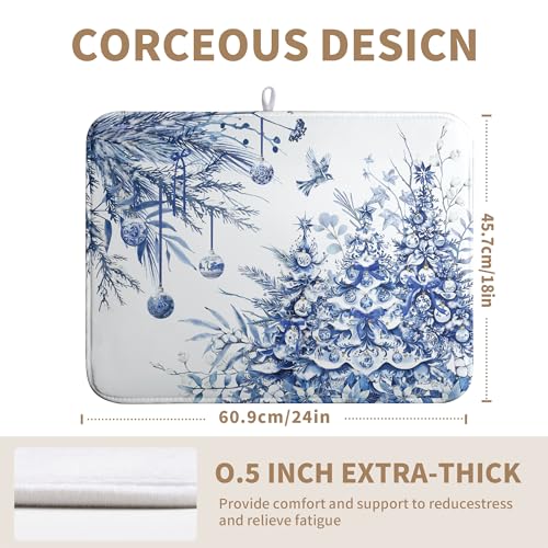 Christmas Tree Dish Drying Mat for Kitchen Counter 18x24 Inch Blue White Chinoiserie - Winter Holiday Absorbent Microfiber Reusable Drainer Pad