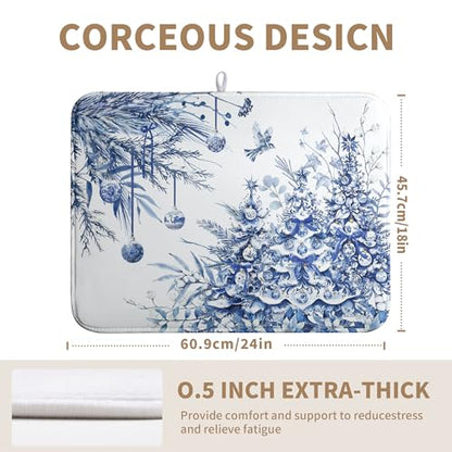 Christmas Tree Dish Drying Mat for Kitchen Counter 18x24 Inch Blue White Chinoiserie - Winter Holiday Absorbent Microfiber Reusable Drainer Pad