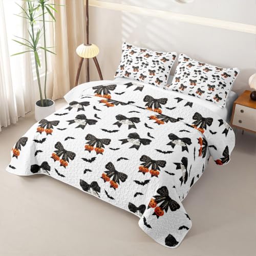 Halloween Kids Bedspread Quilt Set - Orange Black White Full Size with Bow Ghost Pumpkins