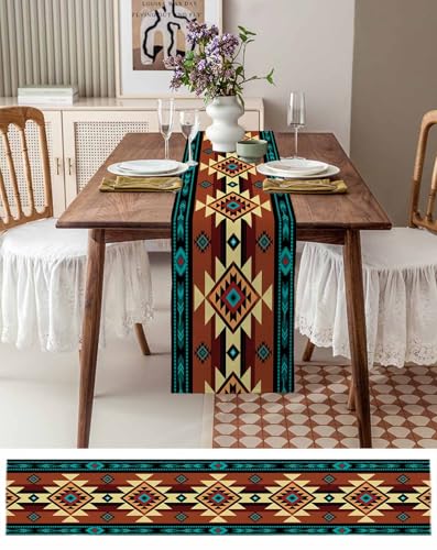 Farmhouse Cotton Linen Table Runner 13x48 Inches for Dining Table, Washable Ethnic Tribal Boho Style - Variation of THIS listing