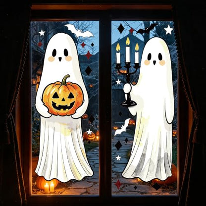 Halloween Window Clings Set - Large Ghost Bats Cats Pumpkins Spooky Decor