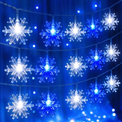 Snowflake String Lights Blue and White 9.8FT Waterproof Battery Operated