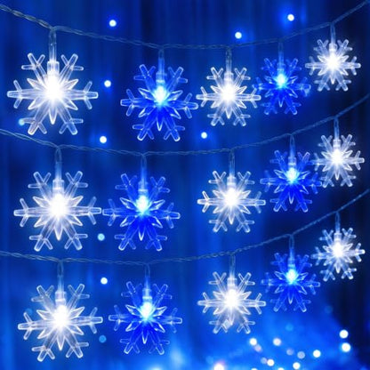 Snowflake String Lights Blue and White 9.8FT Waterproof Battery Operated