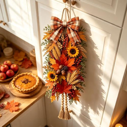 Rustic Wooden Fall Door Swag with Sunflowers, Maple Leaves & Acorns