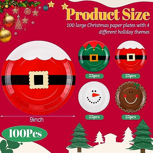 100 Pcs Christmas Paper Plates 9 Inch Santa Gingerbread Snowman - Novel