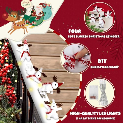 Christmas Reindeer Staircase Decorations Set 4PCS with LED String Lights - Holiday Home Decor