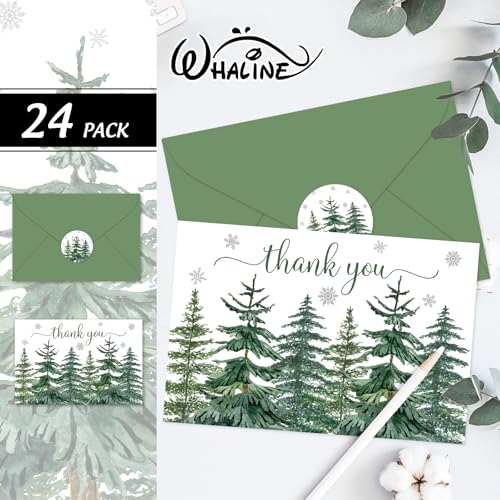 Christmas Thank You Cards Set with Envelopes & Stickers - Watercolor Pine Forest, 4x6 Inches