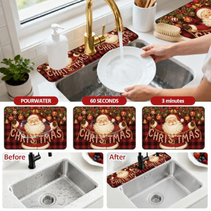 Christmas Santa Claus Sink Splash Guard Mat Set - 3 Pcs Kitchen & Bathroom Absorbing Mats