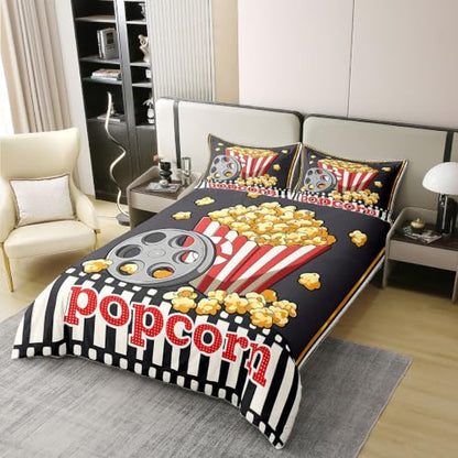 Popcorn Bedding Set - Black Red Queen Size Duvet Cover for Kids Boys Girls Movie Theater Theme