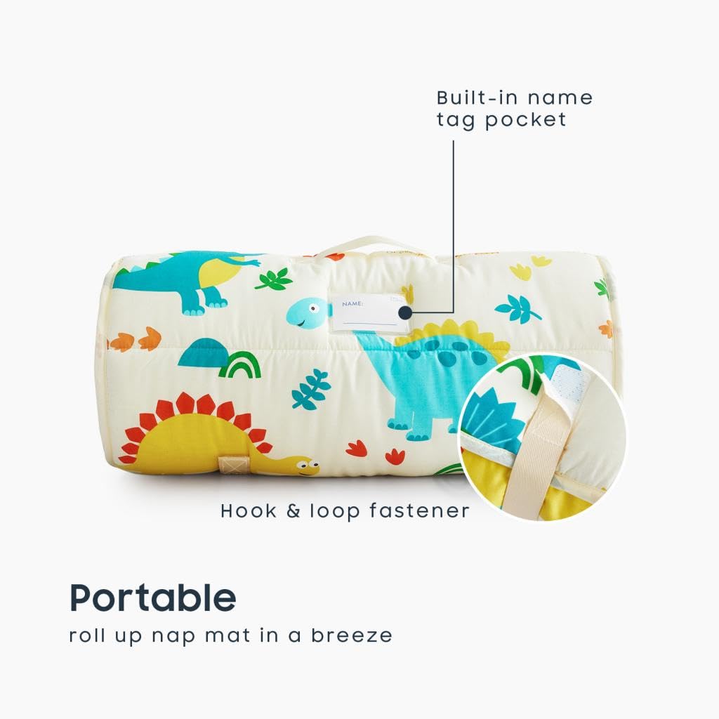 Wake In Cloud - Toddler Nap Mat with Pillow and Blanket, 100% Cotton Fabric, for Kids Boys Girls in Daycare Kindergarten Preschool, Roll Up Sleeping Bag, Dinosaur Cream, Extra Long