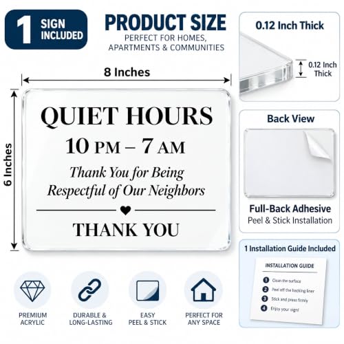 Vacation Rental Quiet Hours Sign - 8 x 6 Inch Acrylic - Clear Adhesive Mount - Defines 10 PM–7 AM Rule