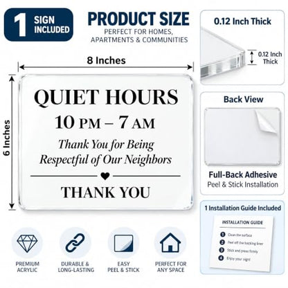 Vacation Rental Quiet Hours Sign - 8 x 6 Inch Acrylic - Clear Adhesive Mount - Defines 10 PM–7 AM Rule