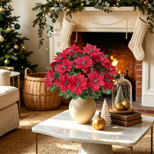 Xmas A-4 Pcs Christmas Cemetery Flowers for Grave Artificial Poinsettias - 48 Stems