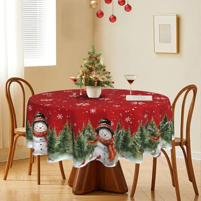 Christmas Snowman Round Tablecloth 60 Inch - Red Holiday Decor