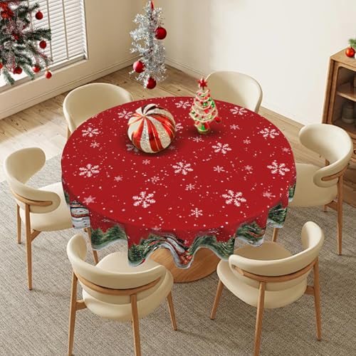Christmas Snowman Round Tablecloth 60 Inch - Red Holiday Decor