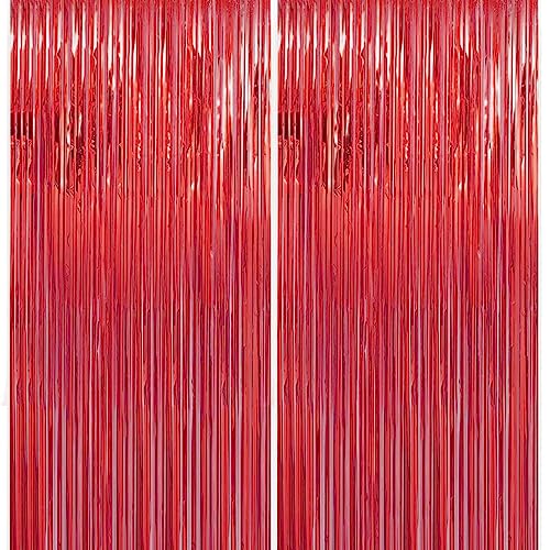 Red Tinsel Curtain Party Backdrop - 3.28 ft x 6.56 ft Metallic Fringe for Events