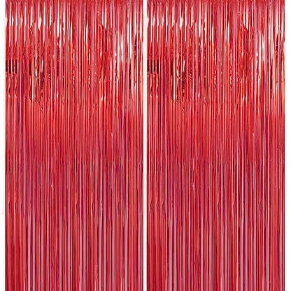 Red Tinsel Curtain Party Backdrop - 3.28 ft x 6.56 ft Metallic Fringe for Events
