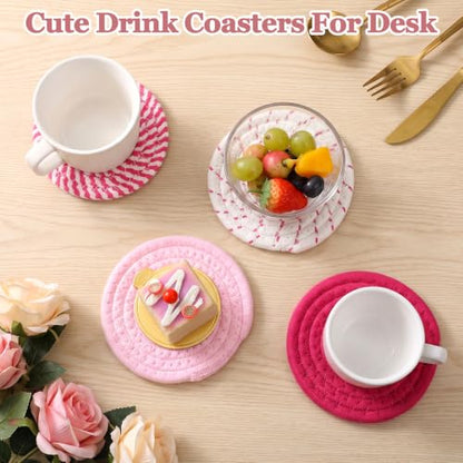 Pink Woven Fabric Coasters Set of 4 | Absorbent Drink Coasters for Desk