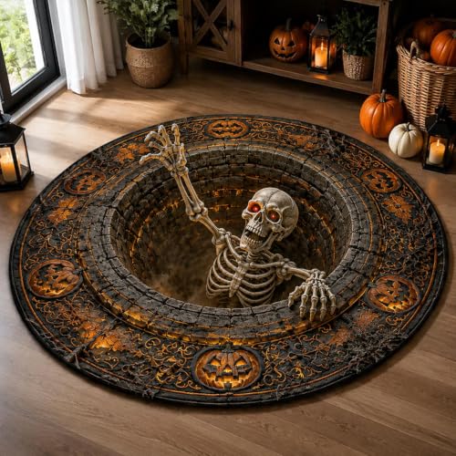 NAZENTI 3D Skeleton Optical Illusion Round Rug - Halloween Floor Mat, Spooky Pumpkin Hole Design, Skeleton Vortex Decoration, Design 1