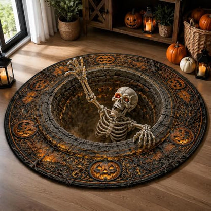 NAZENTI 3D Skeleton Optical Illusion Round Rug - Halloween Floor Mat, Spooky Pumpkin Hole Design, Skeleton Vortex Decoration, Design 1
