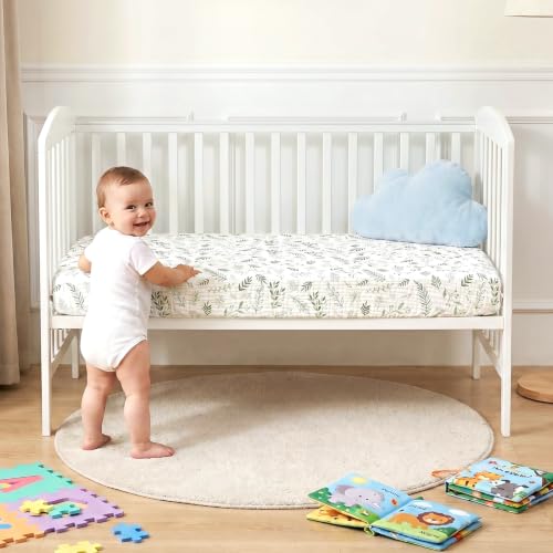 2-Pack Baby Muslin Crib Sheets - Green Leaf, 52 x 28 Inches, Elastic Fit