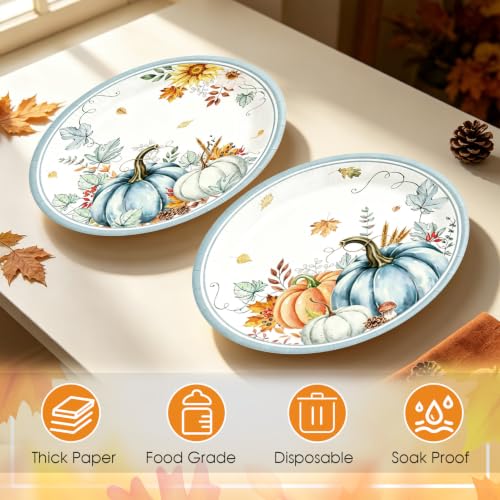 50Pcs Thanksgiving Oval Paper Plates 10x12 Inch Fall Watercolor Pumpkins