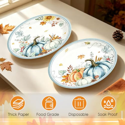 50Pcs Thanksgiving Oval Paper Plates 10x12 Inch Fall Watercolor Pumpkins