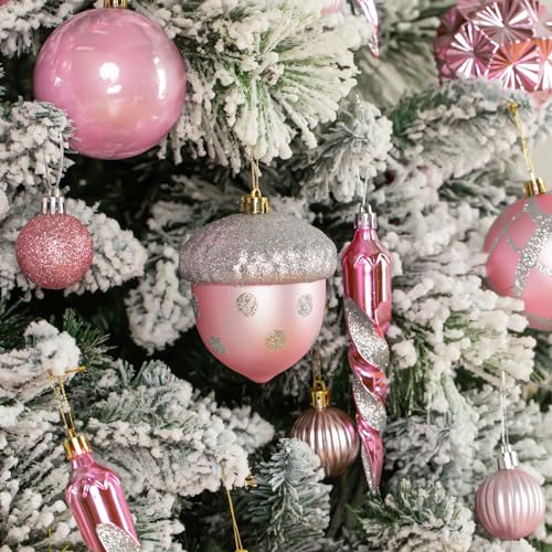 Pink Christmas Ornaments Set - 62 Shatterproof Plastic Baubles for Tree Decor
