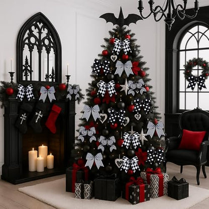 12 Pcs Black and White Christmas Bows Halloween Tree Decor Set