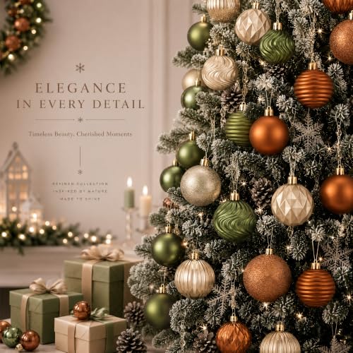 Lunmon 64 Pcs Earthy Christmas Ornaments Set - Olive Green, Bronze & Farmhouse Style