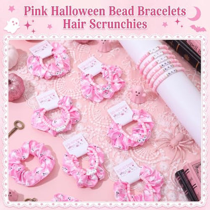 Pink Halloween Hair Scrunchies and Beaded Bracelets Gift Set - Spook Variation